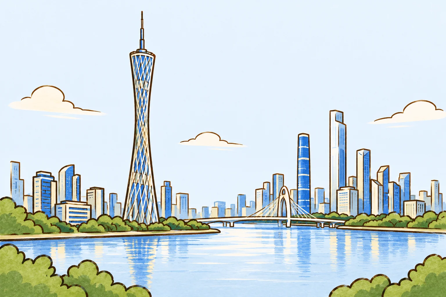 Cartoon landmarks of Guangzhou.