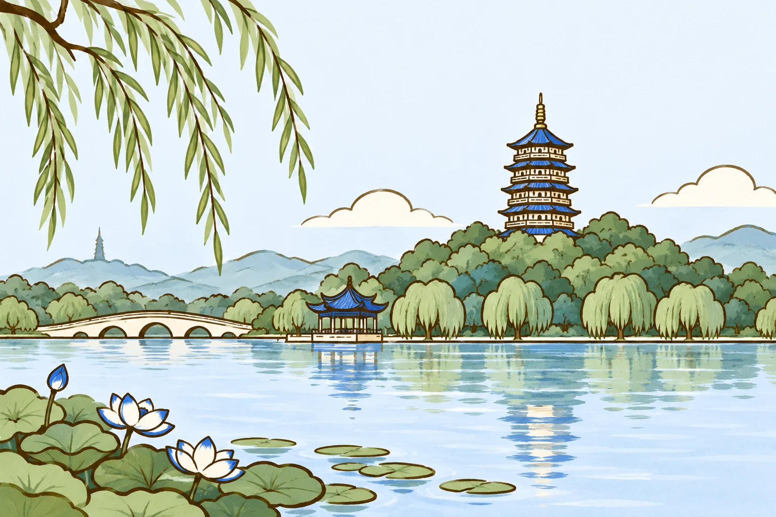 Cartoon landmarks of Hangzhou.