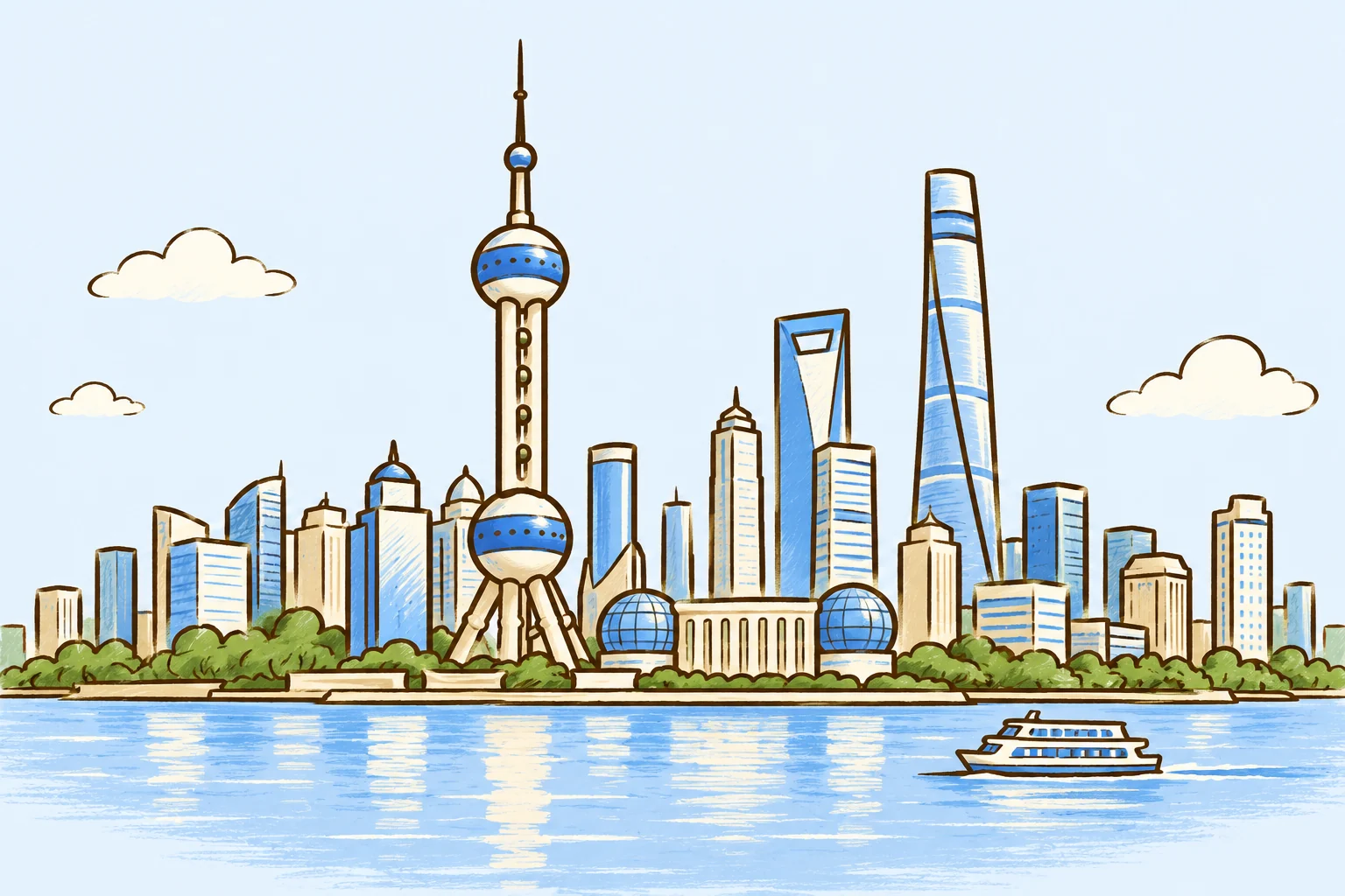 Cartoon landmarks of Shanghai.
