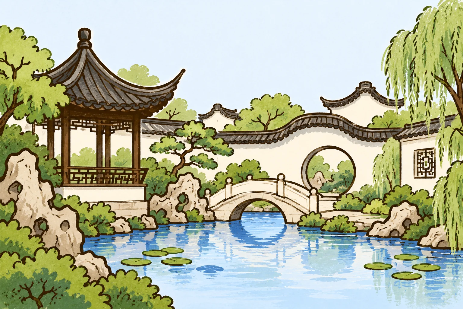 Cartoon landmarks of Suzhou.